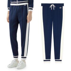 GUCCI PANTS JERSEY PIQUET JOGGING BLUE WHITE STRIPE GG LOGO S / SMALL